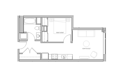 Floor plan for 1 bed, 1 bath, 582 sqft